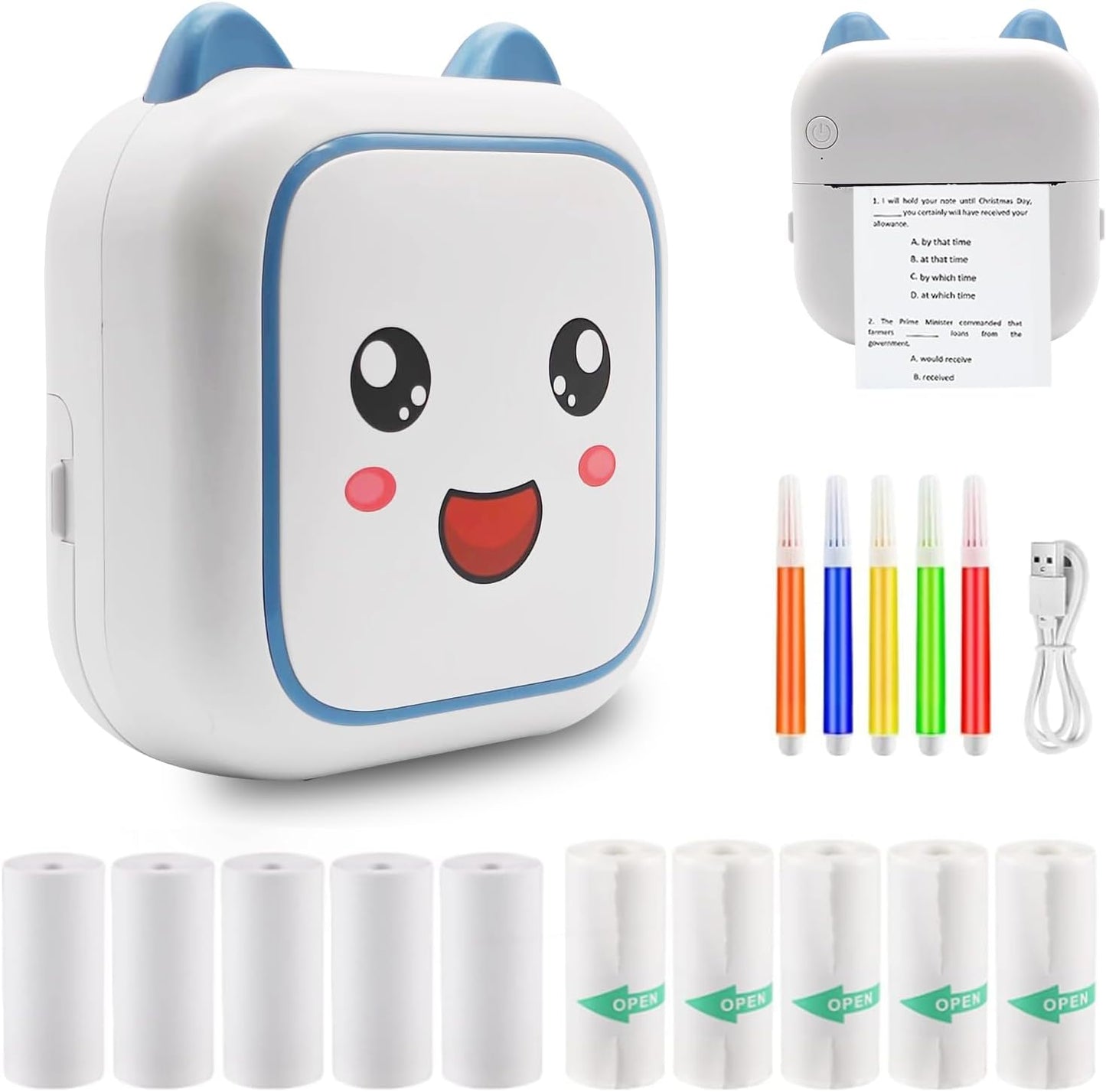 Portable Mini Sticker Printer + 11 Paper Rolls | Study, Photos, DIY - Blue