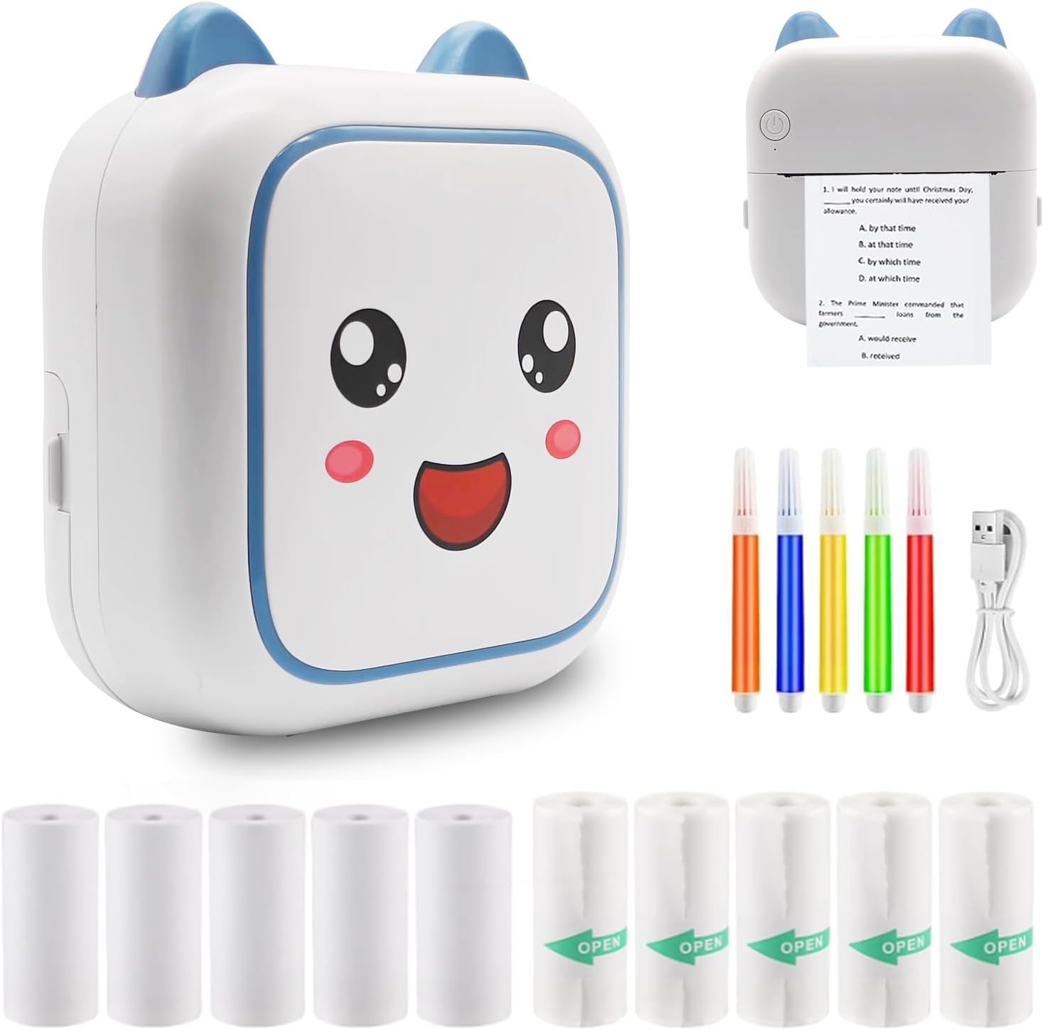 Portable Mini Sticker Printer + 11 Paper Rolls | Study, Photos, DIY - Blue