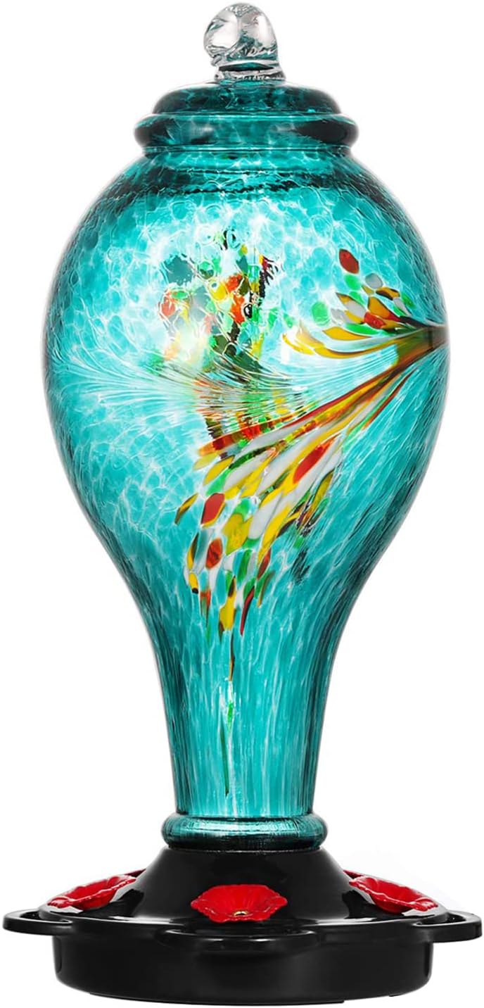 LUJII Hummingbird Feeder - Hand Blown Glass, 36 oz Capacity