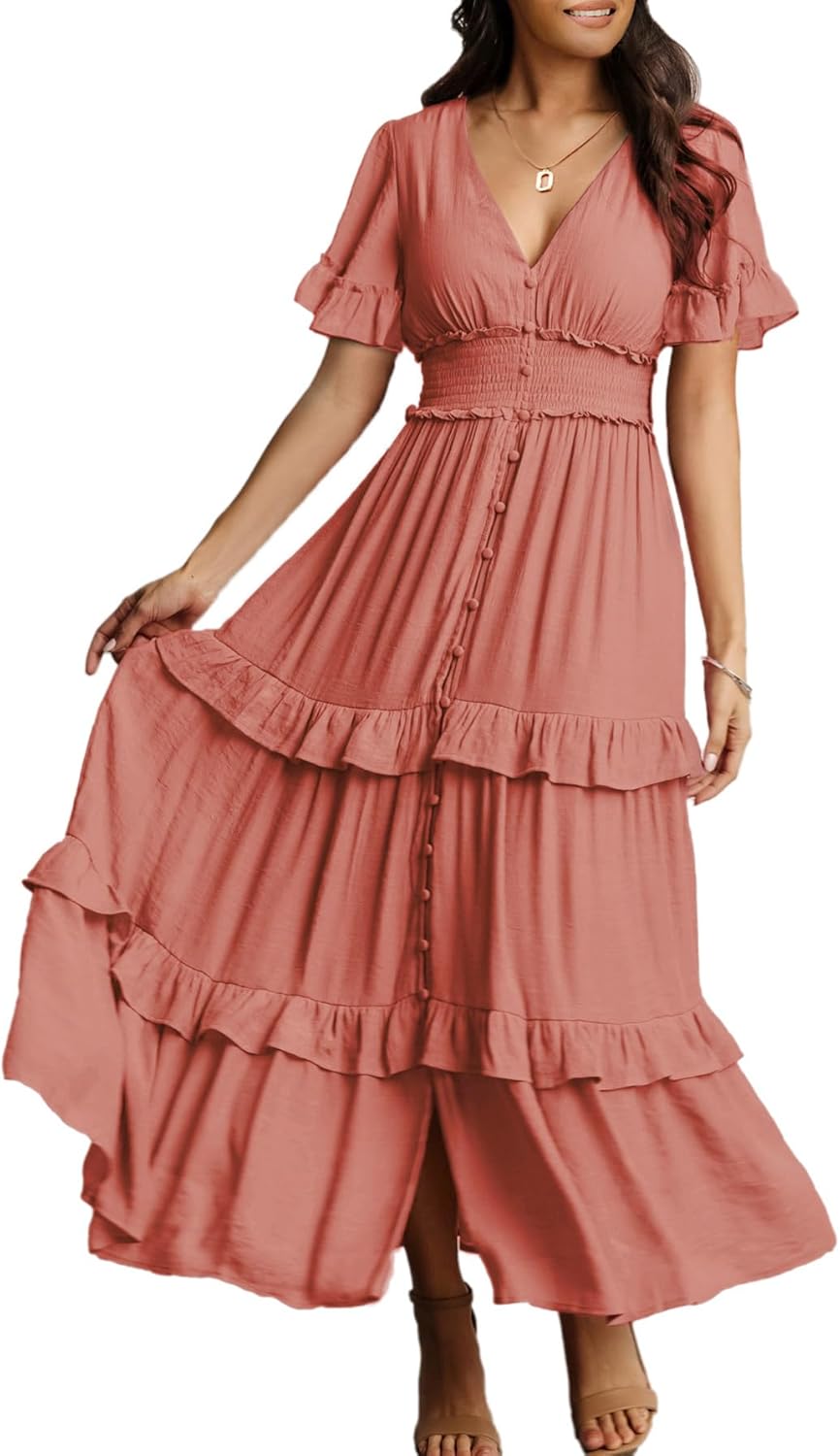 Amegoya Women's V Neck Long Sleeve Boho Maxi Dress for Summer