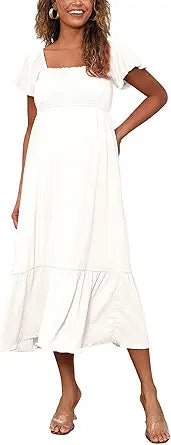 Maternity Dress Flutter Sleeve Square Neck Smocked Long Dress
