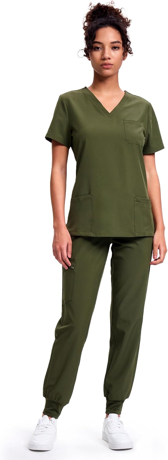 Women's V-Neck Scrubs Top & Cargo Pants Set with 10 Pockets