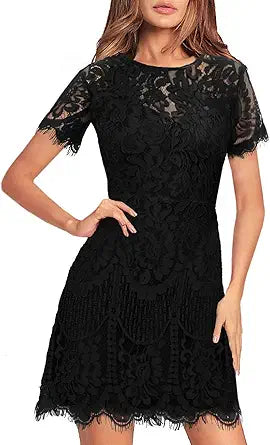 Elegant Round Neck V-Back Floral Lace Cocktail Party Dress