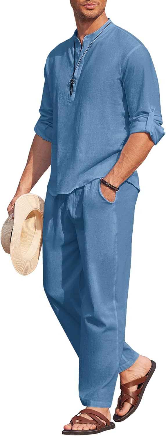 Men's 2 Piece Cotton Linen Set for Casual Summer Outfits