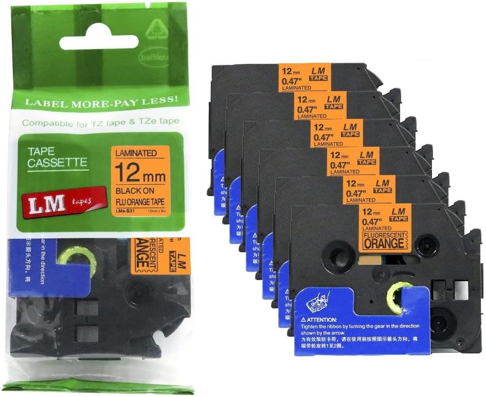 6/Pack LM Tapes Compatible TZe-B31 Black on Fluorescent Orange
