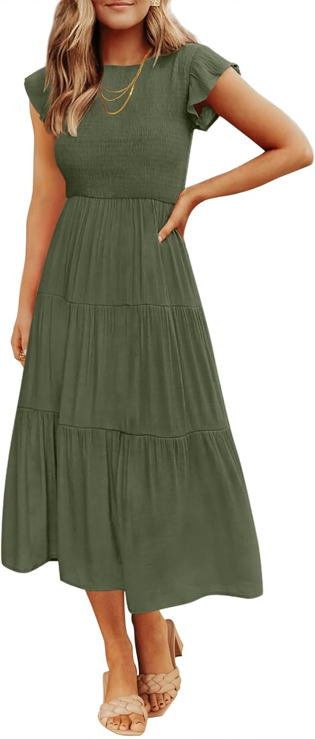 ZESICA Women's Casual Flutter Sleeve Midi Dress for Summer Fun