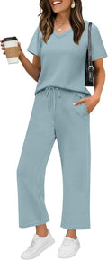 WIHOLL 2 Piece Summer Lounge Set Wide Leg Pants Matching Set