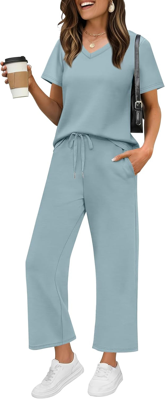 WIHOLL 2 Piece Summer Lounge Set for Women with Wide Leg Pants