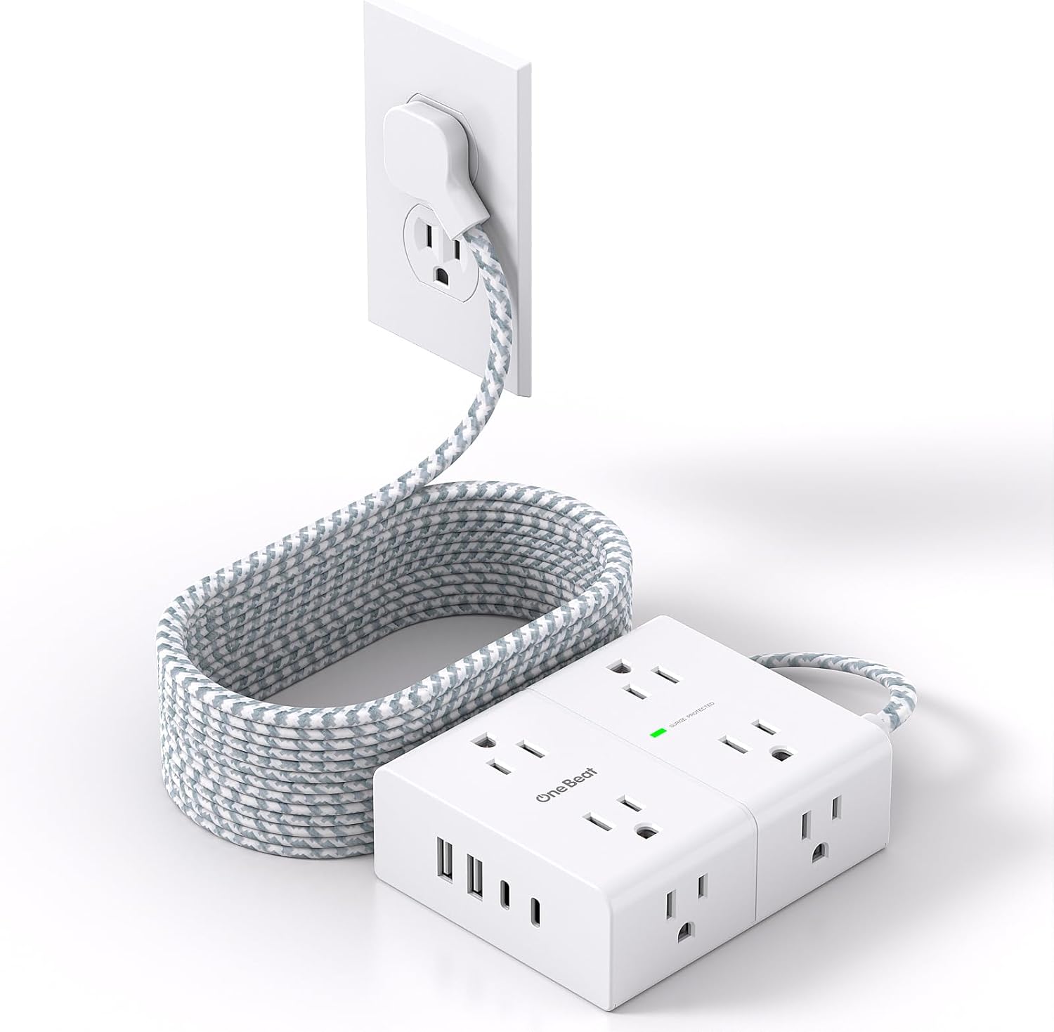 15 Ft Braided Power Strip with USB-C Ports - One Beat