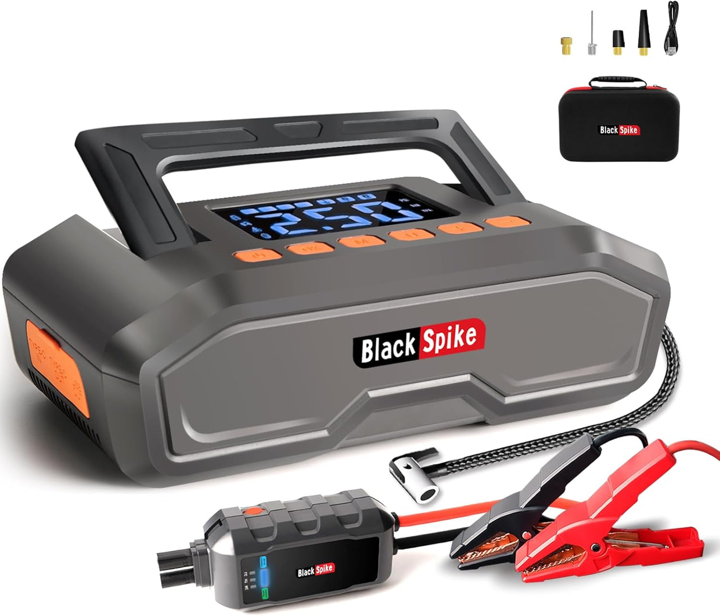 BlackSpike Portable Jump Starter: 26800mAh Power, Air Compressor, 3.7 Display, 850LM Lights
