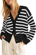 Womens Striped Cardigan Sweater V Neck Button Down - Cozy Layer