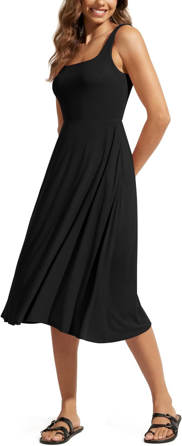 ODODOS Square Neck Midi Dress with Pockets for Women Summer