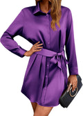 Women's Satin Button Down Mini Dress with Belt - Zeagoo