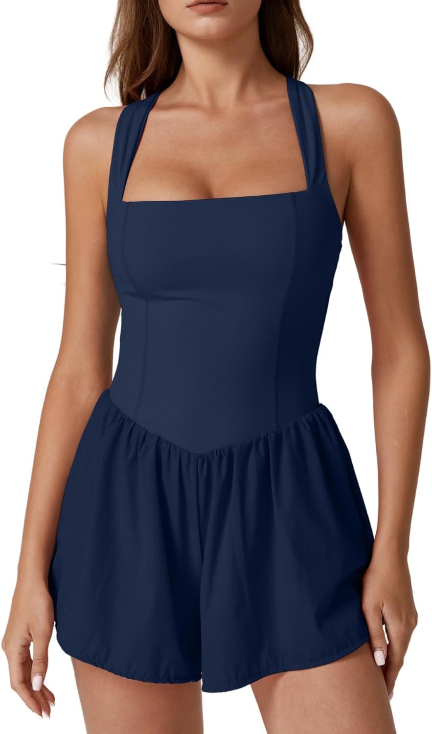 QINSEN Women's Square Neck Sleeveless Romper for Summer Fun
