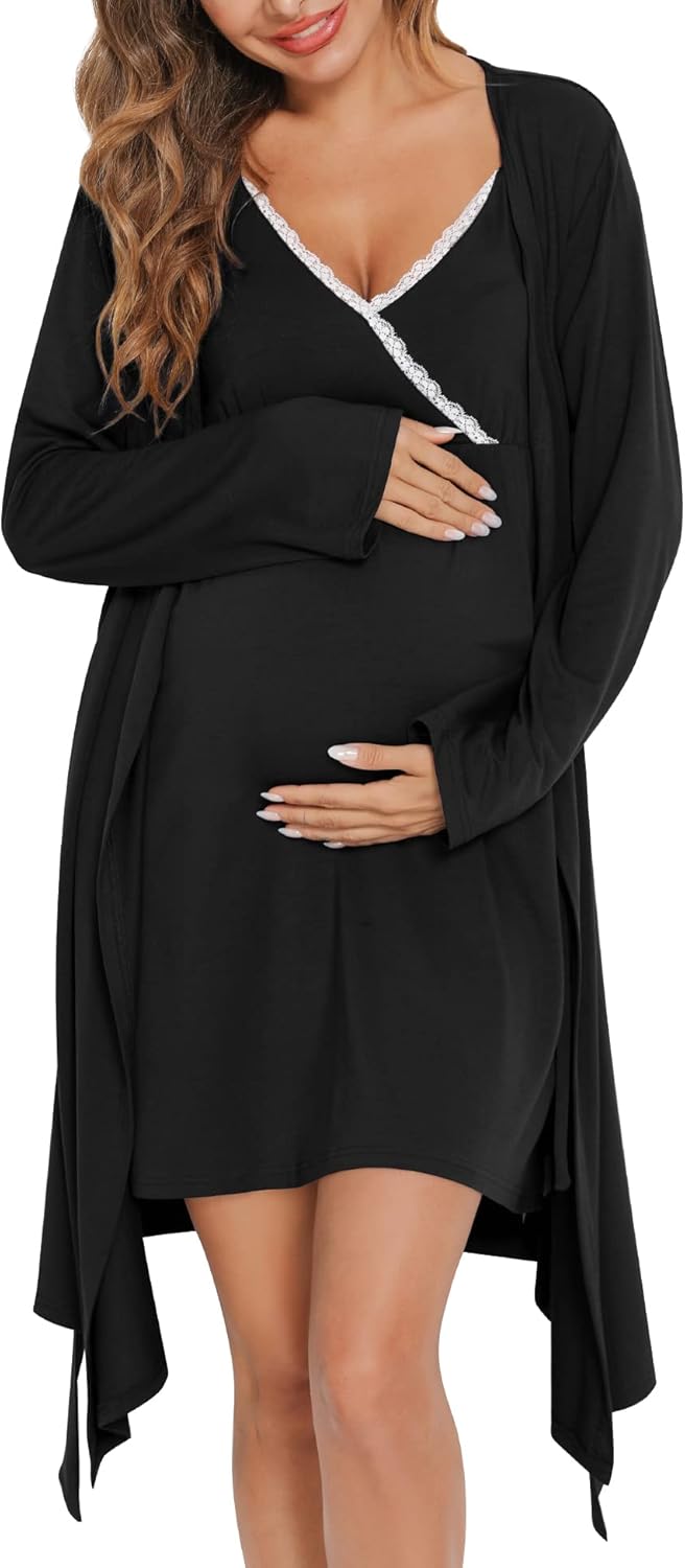 SWOMOG Womens Maternity Robe 2 Piece Nursing Nightgown Set