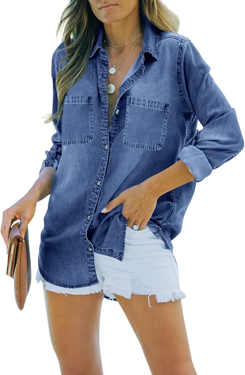 imesrun Womens Button Down Denim Shirt for Casual Style