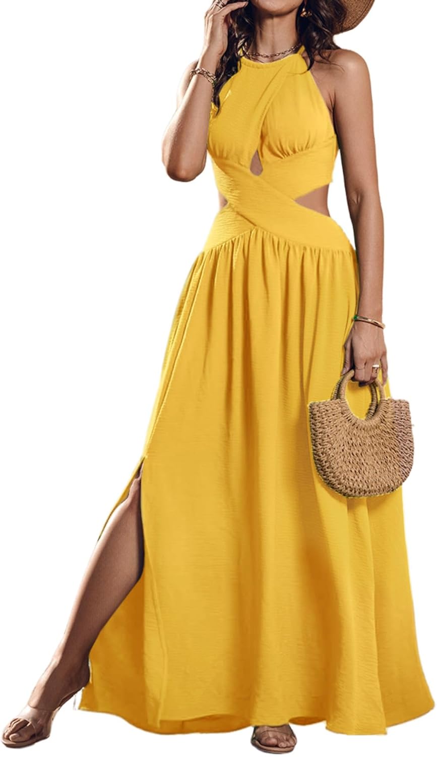 Elegant Halter Neck Maxi Dress for Women with Criss Cross Tie