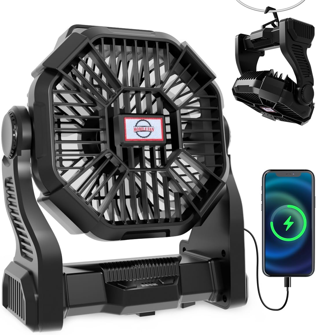 Portable Rechargeable Camping Fan with LED Lantern and 270 Rotation