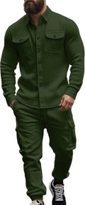 Mens Fleece Cargo Jacket Tracksuit Set - Soft Warm 2-Piece