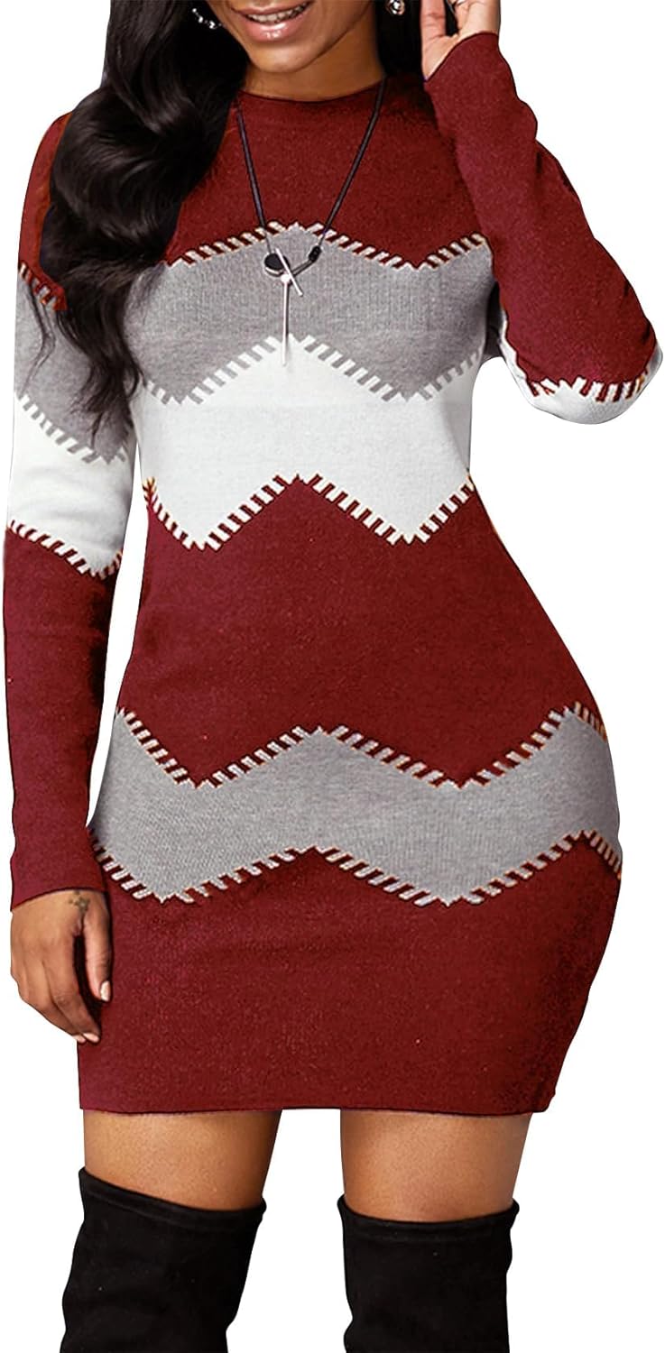 PEHMEA Women's Knitted Striped Bodycon Mini Sweater Dress