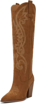 Cowboy Knee High Boots with Embroidery - Chunky Heel Comfort