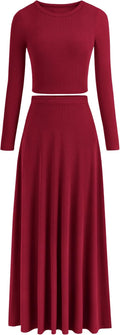 Women Ribbed Knit 2 Piece Skirt Set - Long Sleeve Crop Top & Maxi