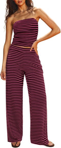 Two Piece Summer Set Women Striped Tube Top and Pants - Lightweight