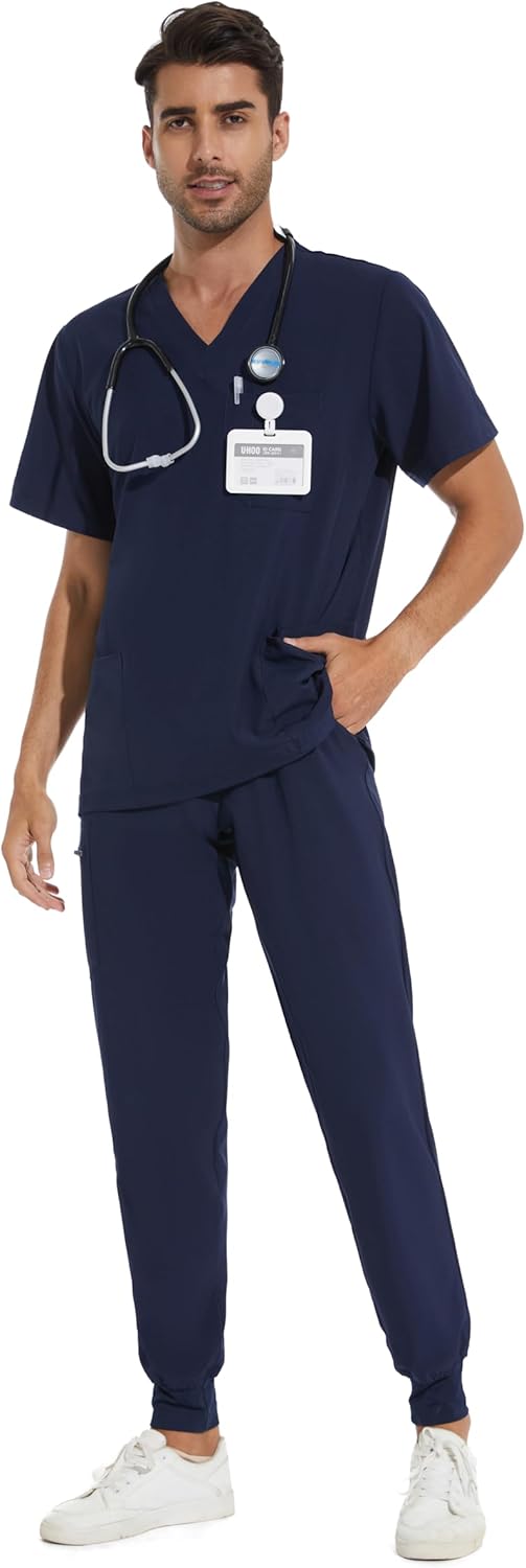 COZYFIT Men Scrubs Set with 8 Pockets and Yoga Waistband