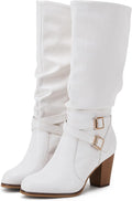 Mid Knee High Boots for Women Chunky Heel Slouchy with Buckle