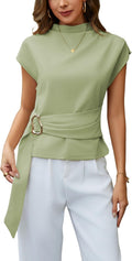 Yeokou Buckle Tie Top Stand Collar Belted Short Sleeve Blouse