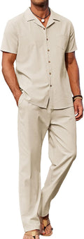 COOFANDY Men 2 Piece Linen Outfit Beach Button Down Shirt and Pants if