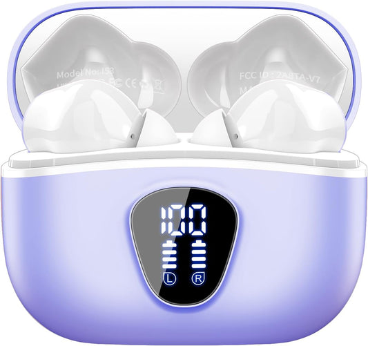 HiFi Stereo Wireless Earbuds: 40H Playback, Noise Cancelling, IP7 Waterproof - Taro Purple