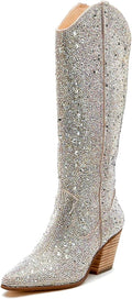 Rhinestone Mid Calf Boots Sparkly Block Heel Cowboy Boots