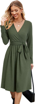 Womens 2025 Fall Knit Midi Sweater Dress - Belted Work & Church