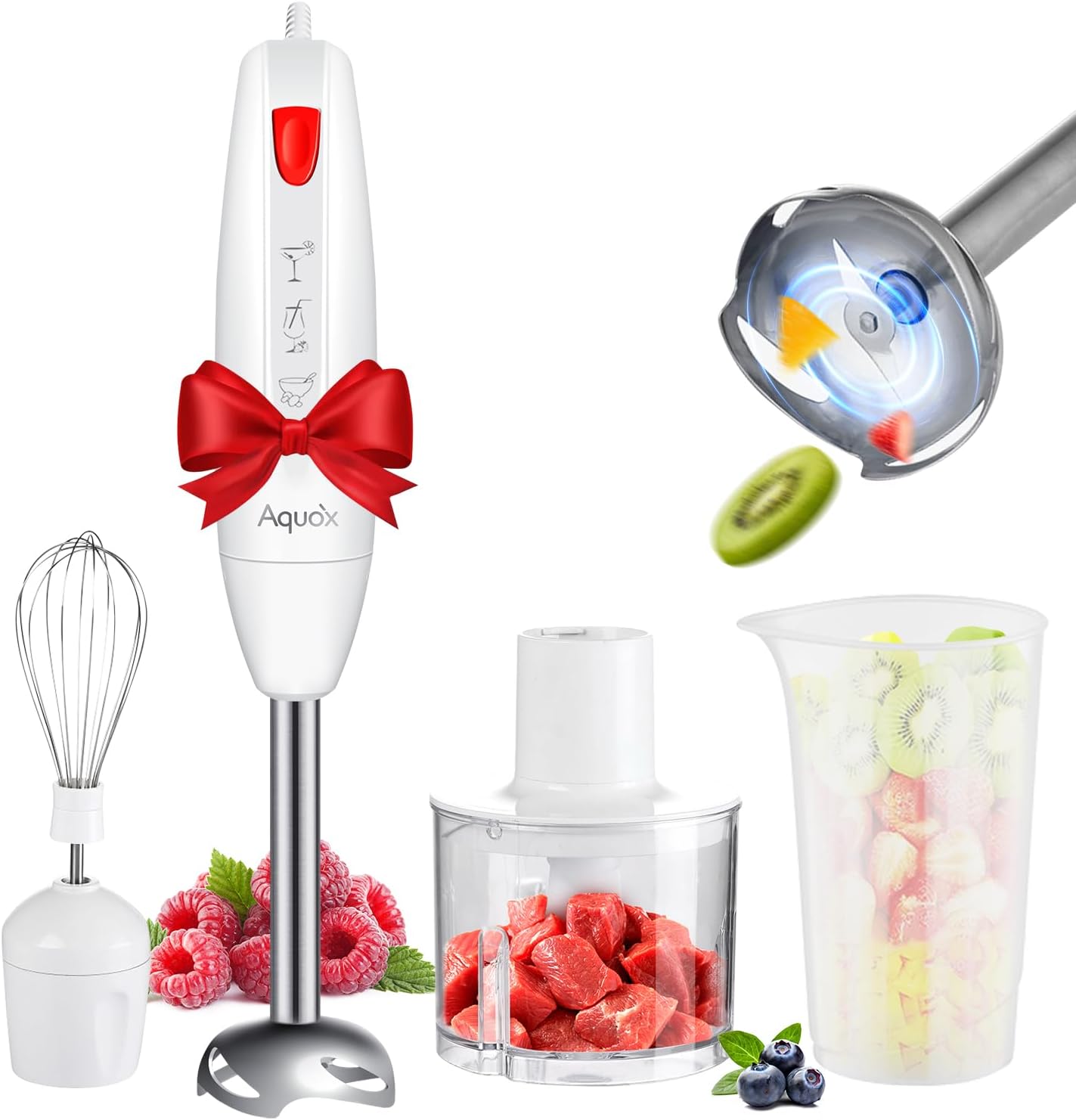 Powerful 4-in-1 Handheld Blender Set - Turbo Motor, Steel Blades - AQUOX