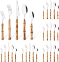 30PCS Bamboo Handle Flatware Set for 6 - Polished Bamboo & Stainless