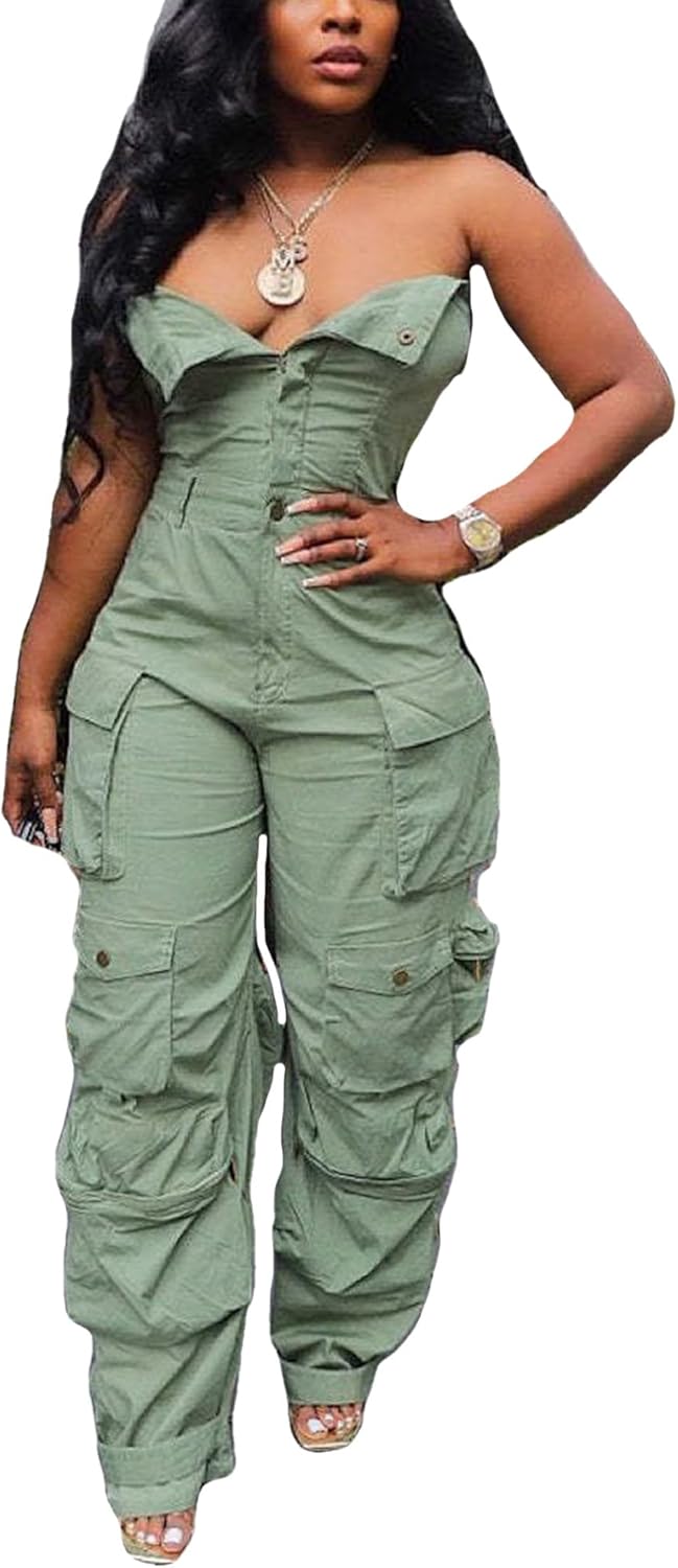 Tbahhir Women's Sexy Off Shoulder Tube Denim Cargo Jumpsuit