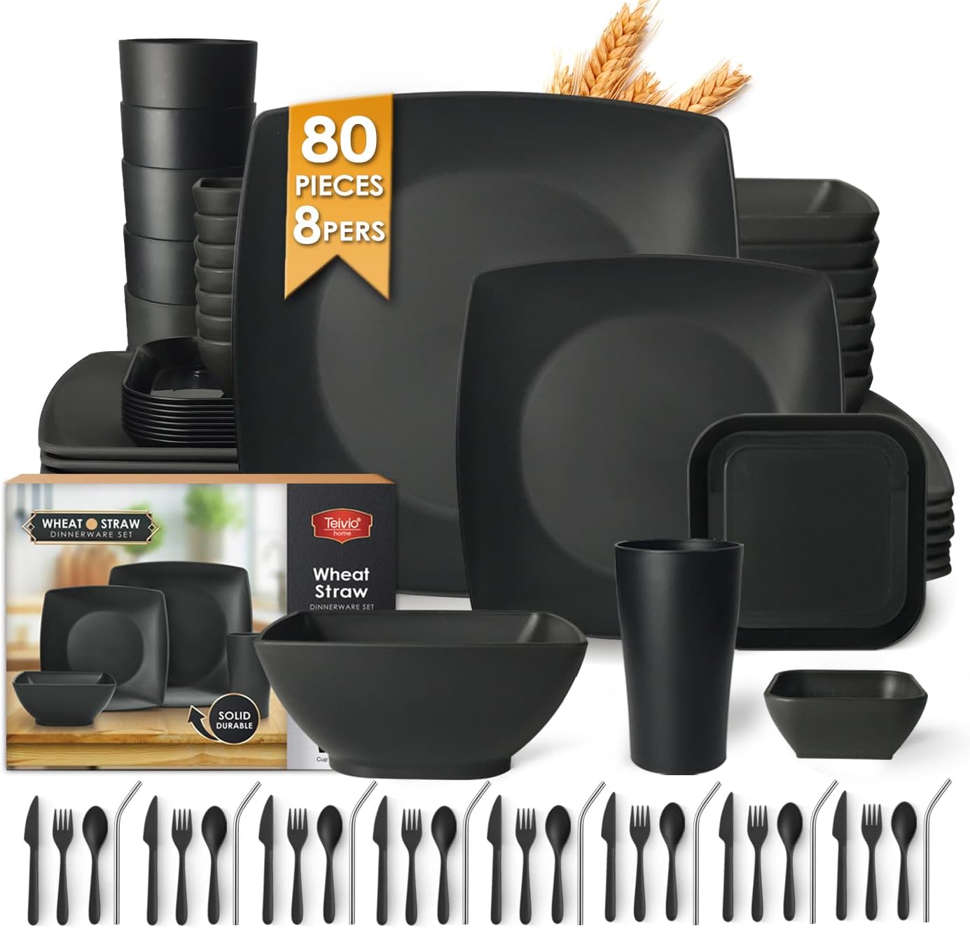 Teivio 80-Piece Plastic Kitchen Dinnerware Set for 8 People