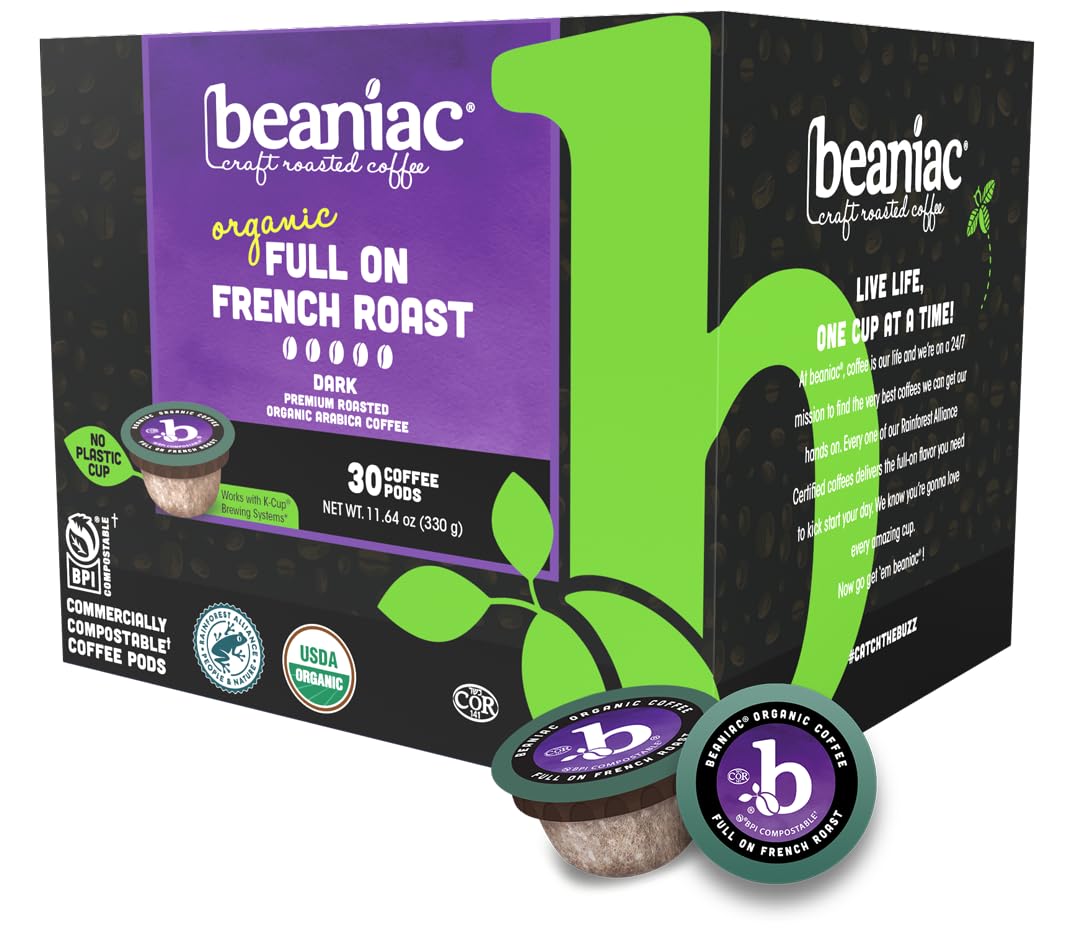 Organic Dark Roast Arabica Coffee Pods in Compostable K Cups - 30 Count