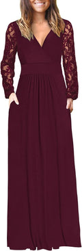AUSELILY Womens Long Sleeve Maxi Dress V Neck Wrap Waist - Comfortable