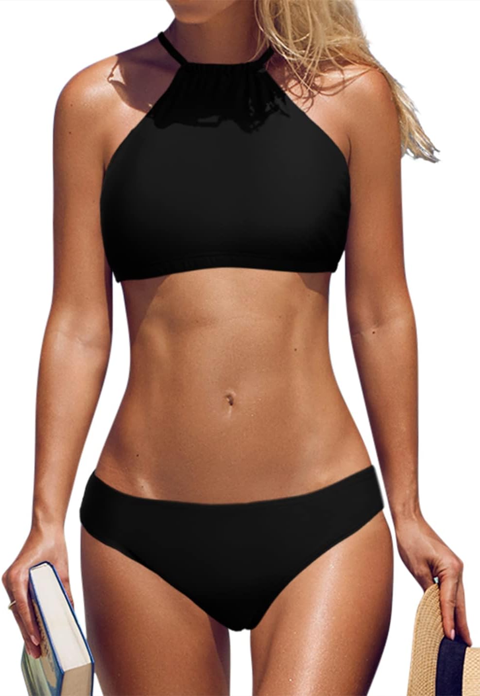 BeautyIn Womens Floral Striped Halter High Neck Bikini Set