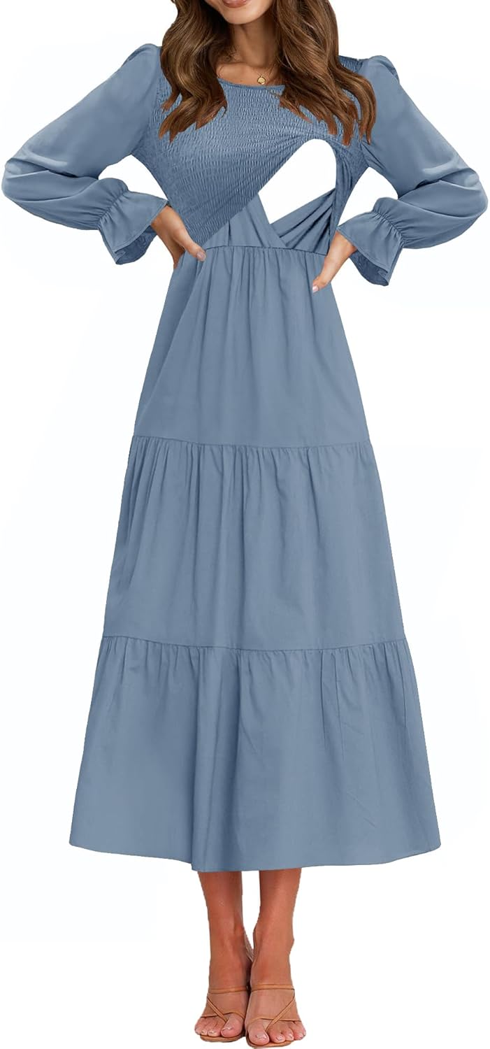 Women's Nursing Dress with Flounces Long Sleeve and Pockets