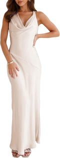 Satin Cowl Neck Sleeveless Backless Maxi Wedding Guest Dress - Elegant