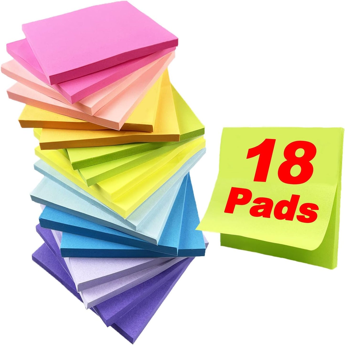 Colorful Sticky Notes Set, 18 Pads, Self-Stick, 3x3 inches
