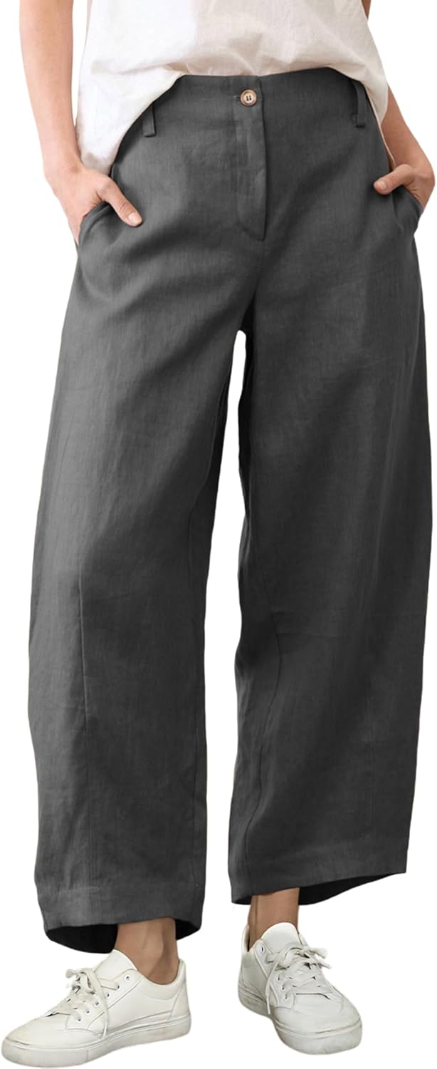 Tanming Womens Linen Pants Casual Capri Baggy Wide Leg Trousers