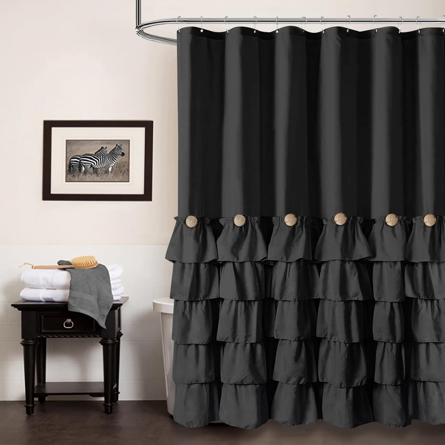 Farmhouse Style Black Ruffle Shower Curtain