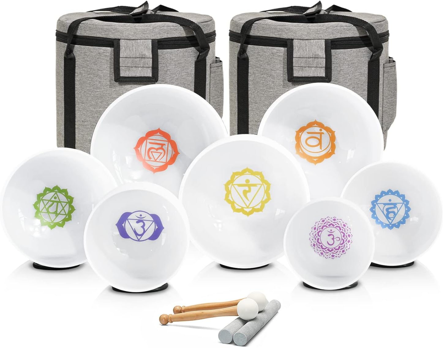 432HZ Chakra Symbol Design Frosted Quartz Singing Bowl Set