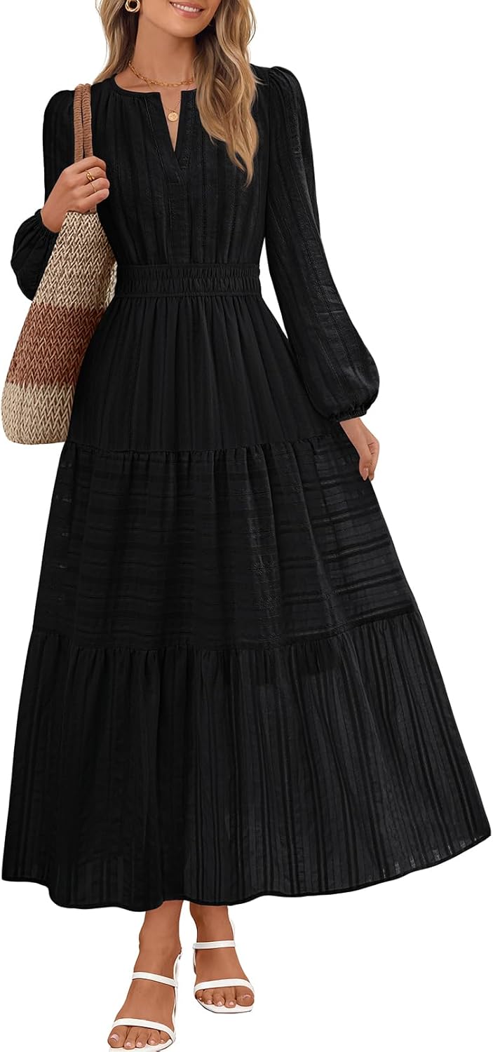 Stylish Long Sleeve Casual V Neck Maxi Dress with Pockets