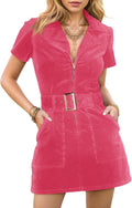 Women's Corduroy Mini Dress Short Sleeve Lapel Zip Up