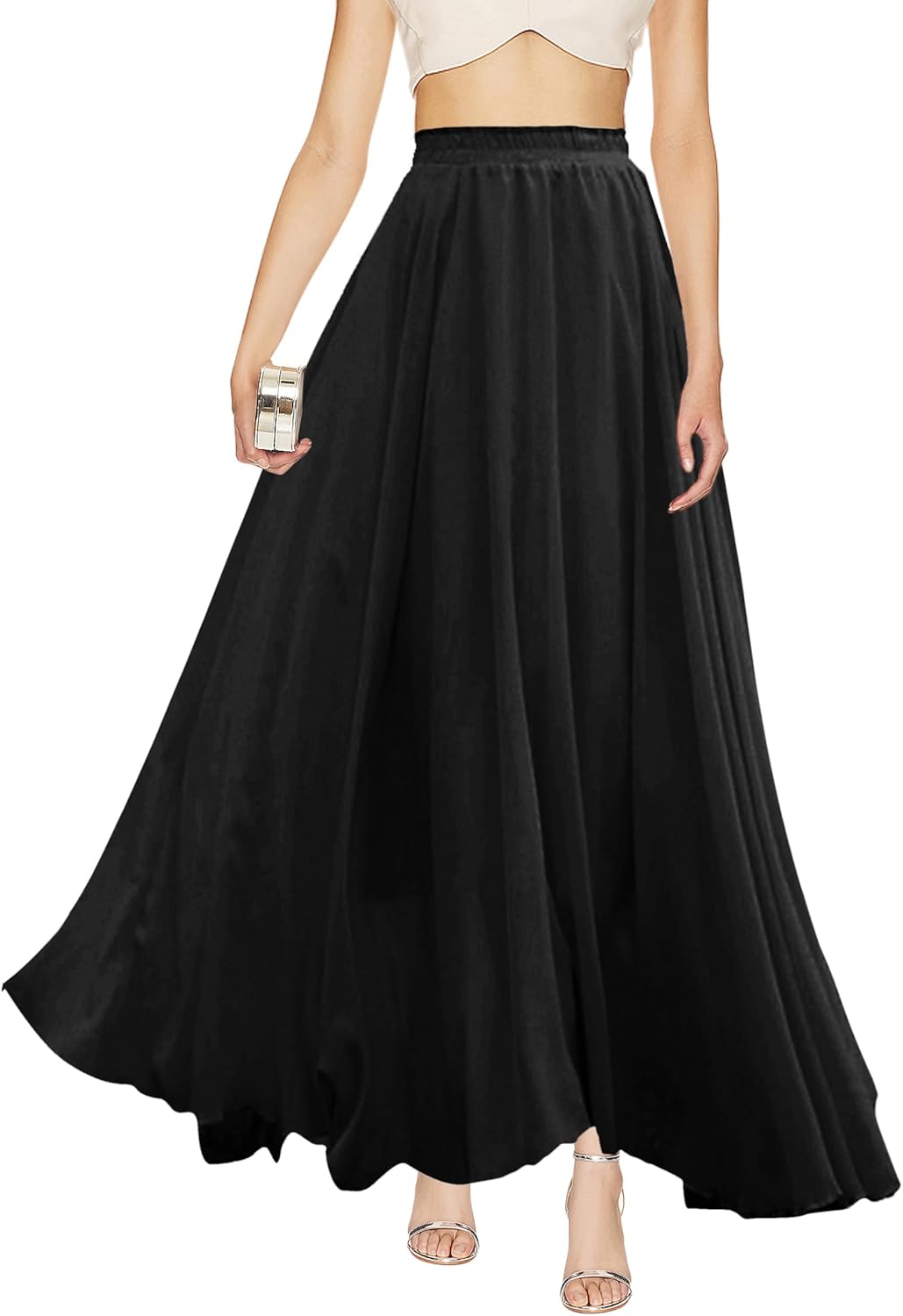 v28 Women Full Length Elastic Pleated Retro Maxi Chiffon Skirt
